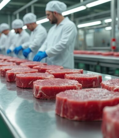 rows of fresh beef steaks move on a metal conveyor belt. workers in white suits and blue gloves prepare meat cuts at a modern food processing plant. beef production line in factory.