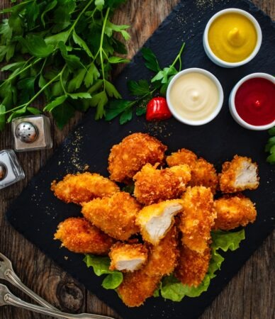 fried,breaded,chicken,nuggets,served,with,mayonnaise,,ketchup,and,mustard