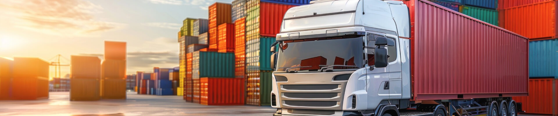 a large white semi truck is driving down a road next to a large stack of red shipping containers