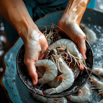 un primer plano de una persona sosteniendo un cuenco de gambas