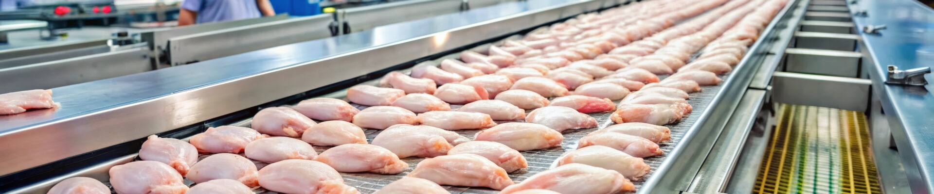 poultry farm for the production of chicken meat. industrial production and packaging of chicken meat. chicken fillet and tenderloin on a conveyor in the workshop. modern food industry.