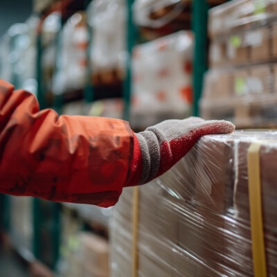 in a high efficiency grocery warehouse, a worker wraps pallets of frozen foods before shipping, close up